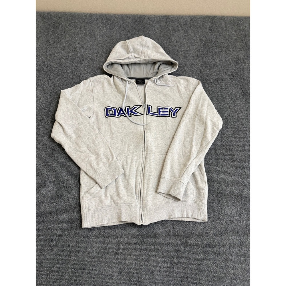 Oakley Mens Full Zip Hoodie Gray Blue Logo Fleece Sweatshirt 471679 Size Small
